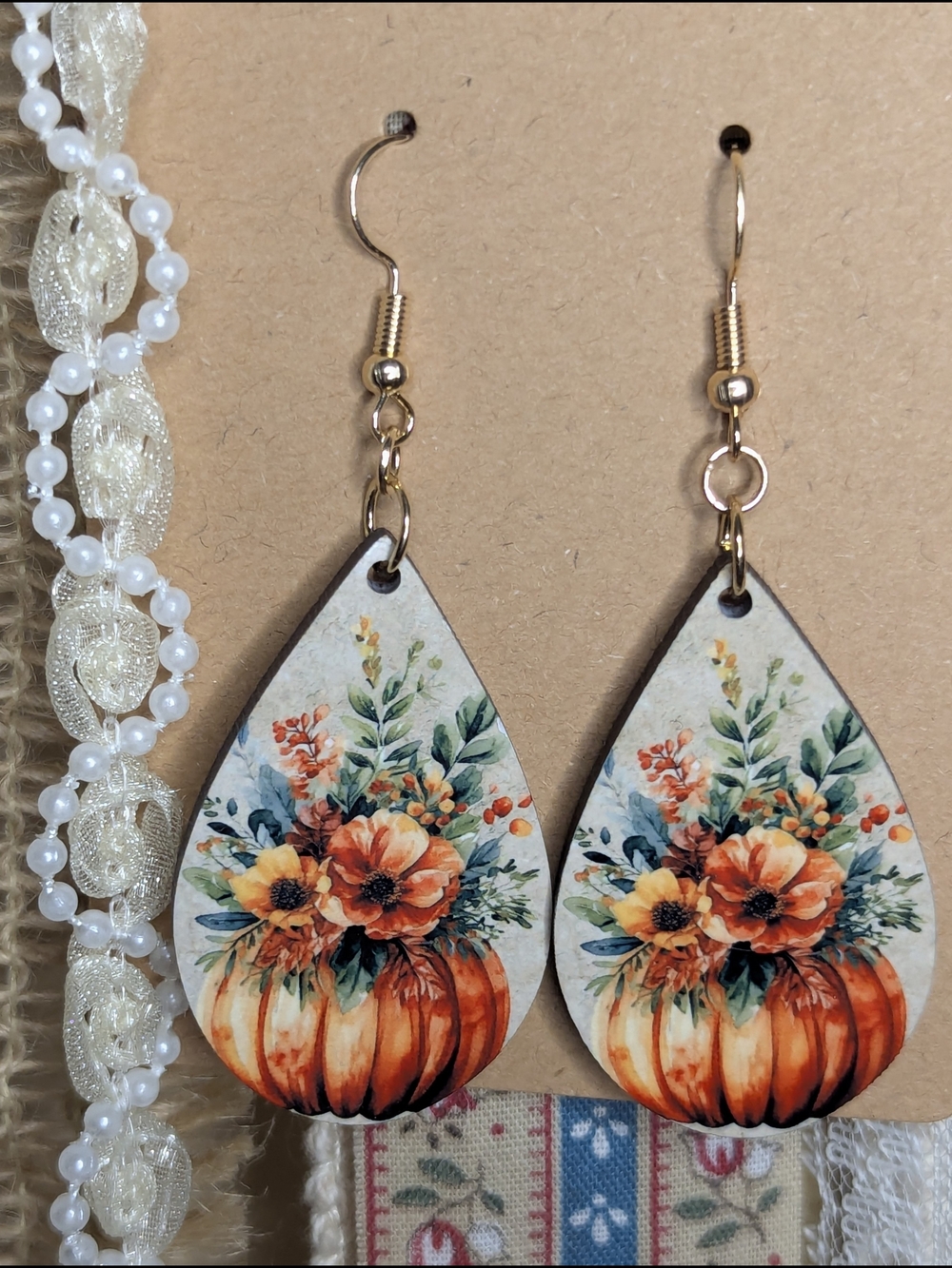 Autumn Pumpkin Floral Teardrop Earrings - Orange